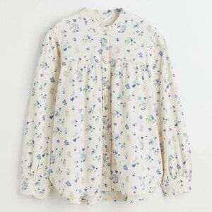 H&M HM Size S Patterned Seersucker Blouse Cream Blue Floral